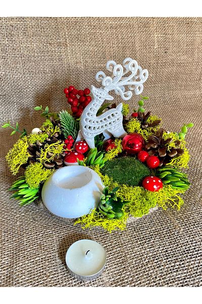 Beykan Natural Moss Mushroom Deer - Table Decoration Candle Design