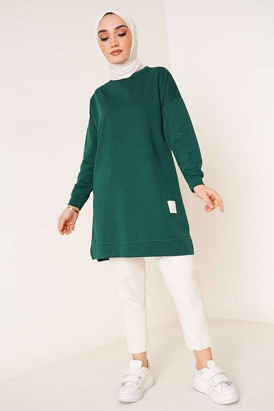 BYKUZEYARAS Two Thread Seasonal Slit Detailed Green Hijab Sweat