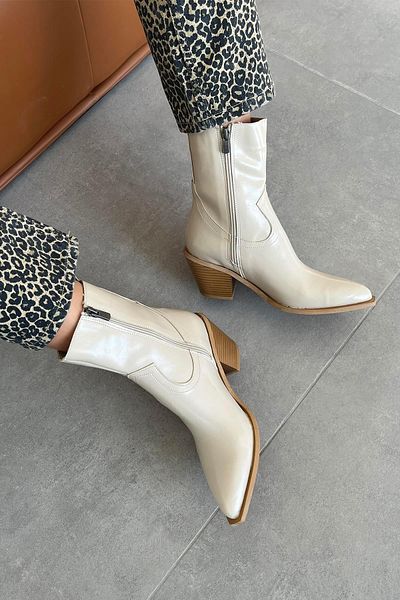 STRASWANS Jose Beige Women's Wrinkled Leather Heeled Boots