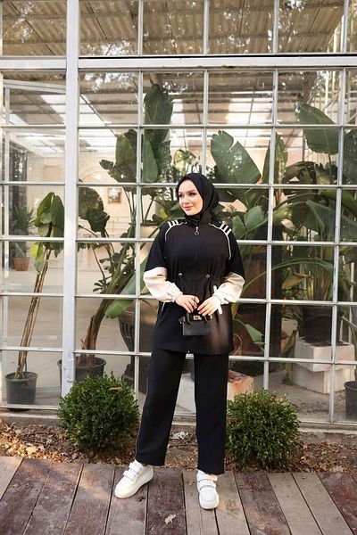Ryzi Moda Γυναικεία Φούτερ Hijab με μαλακό ύφασμα με φερμουάρ Σετ δύο τεμαχίων