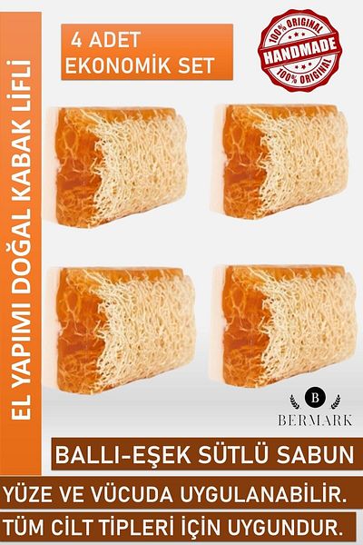 bermark Handmade Natural Pumpkin Fiber Donkey Milk Honey Soap 4 Pieces Economic Set
