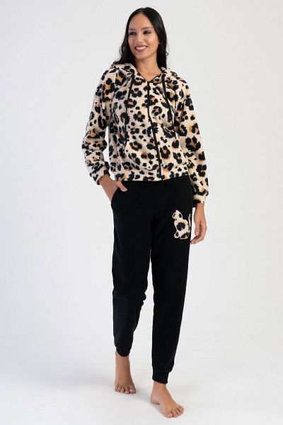 VİENETTA Women's Fleece Pajamas Set - Hooded, Off-Shoulder, Zippered, Long Sleeve and Kangaroo Pocket