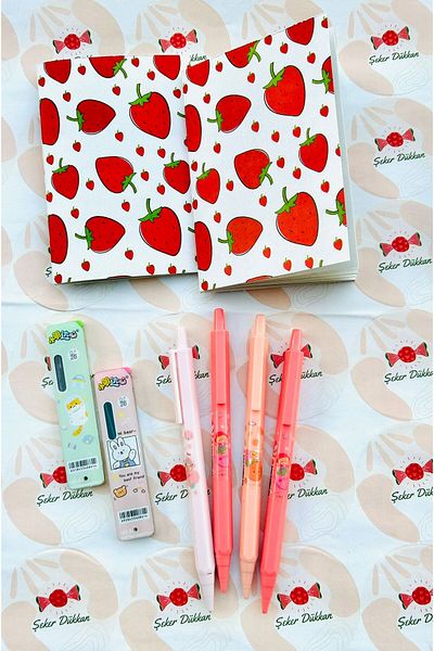 ÖZ KIRTASİYE Strawberry Themed Stationery Set (2notebook+4point pen+2point)