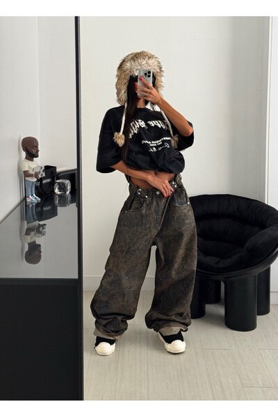 Alien 1979 Özel Leopar Desenli Kaplamalı Kahve Rengi Bol Kesim Kot Pantolon