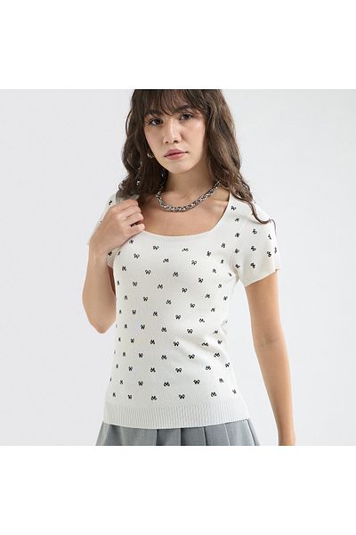 FAV Textured Square Neck T-shirt with Short Sleeves