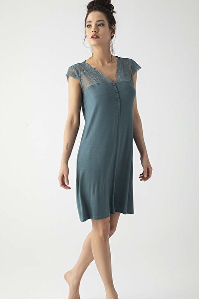 MONAMİSE 19302 Cămașă de noapte cu mânecă scurtă pentru femei-verde