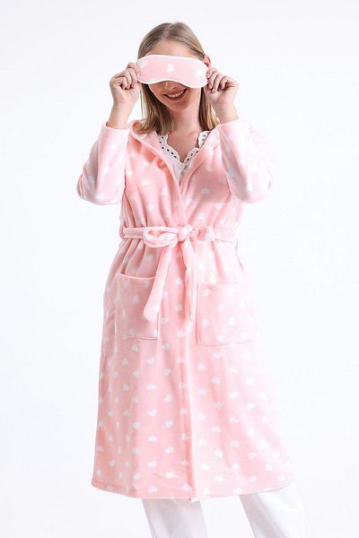 Magic Form 32456 Women's Fleece Long Dressing Gown - Hooded, Eye Patch Gift, Pink