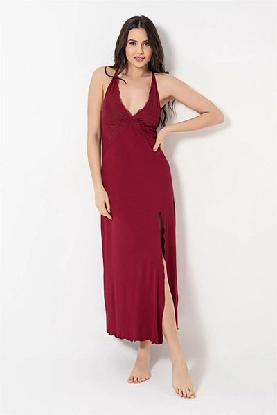 MONAMİSE Monamise 18491 - Women's Red Lace Nightgown with Rope Strap and Low-cut Chest and Back Slit