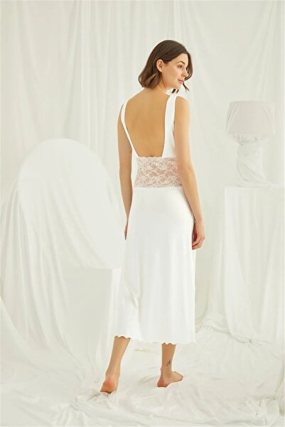 MONAMİSE Women's Thick Strap Backless Nightgown - Ecru