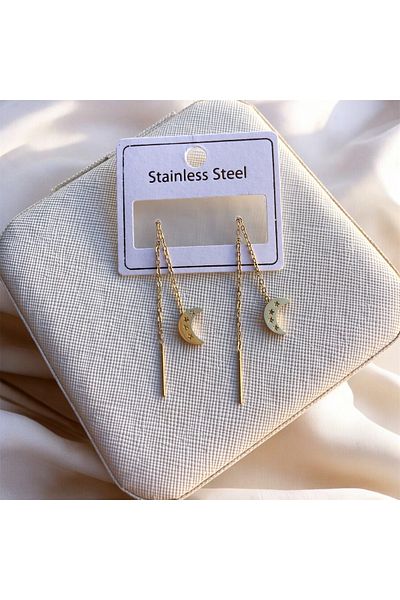 My Home Carpet Stainless Steel Crescent and Star Detailed Chain Earrings