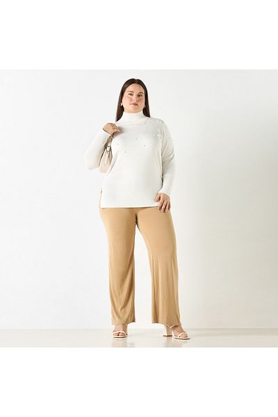 Ulla Popken Plus Size Ulla Popken Pearl Embellished High-Neck Sweater with Side Slit