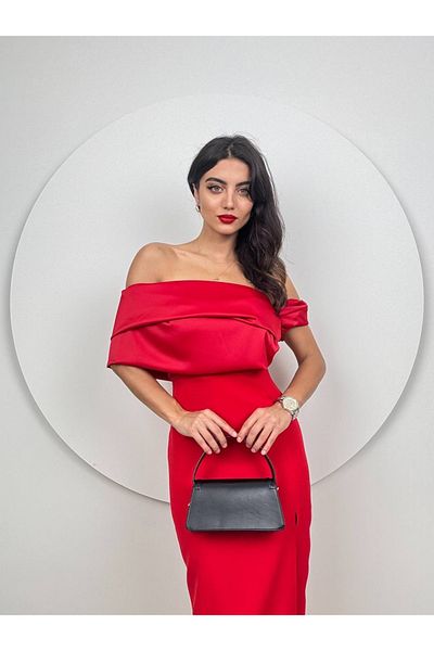 maf collection Γυναικείο μάξι βραδινό φόρεμα με κόκκινη λαιμόκοψη