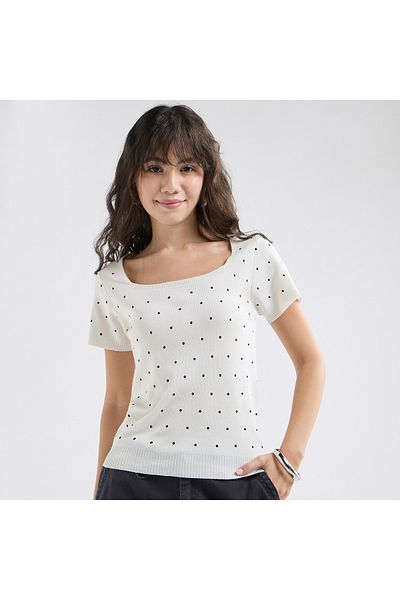 FAV Textured Square Neck T-shirt with Short Sleeves