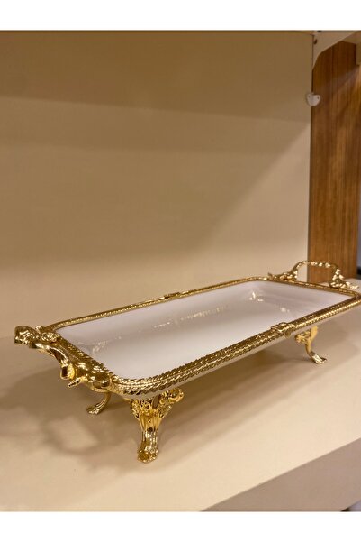 PLUS HOME PORSELEN DİKDÖRTGEN SUNUM TABAĞI DÖKÜM PİRİNÇ AYAKLI KULPLU ALTIN 3...