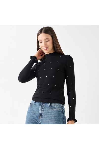 2Xtremz Polka Dot Print Funnel Neck Sweater with Long Sleeves