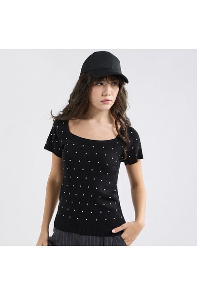 FAV Textured Square Neck T-shirt with Short Sleeves