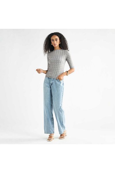 FAV Textured Sweater with Round Neck and 3/4 Sleeves