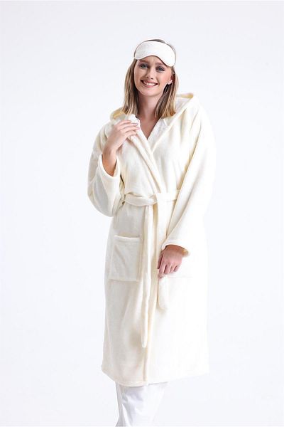 Magic Form 49870 Women's Fleece Long Dressing Gown - Hooded, Sleeping Glasses Gift, Ecru