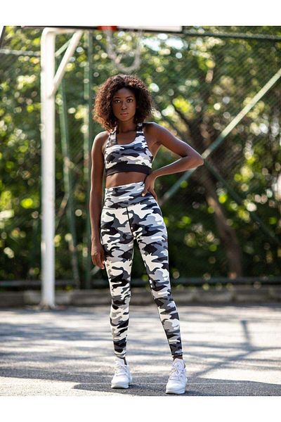 LizzSpor Leggings sport gri de camuflaj cu talie înaltă - femei