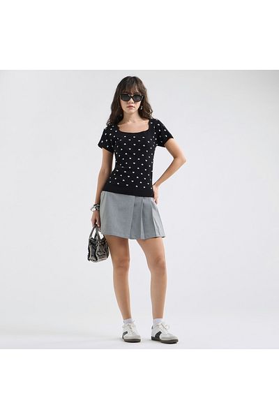 FAV Textured Square Neck T-shirt with Short Sleeves