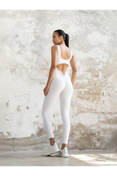 LizzSpor Kadın Beyaz Scrunch Spor Tulum