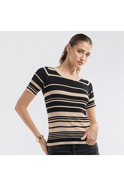 FAV Striped Round Neck T-shirt with Short Sleeves