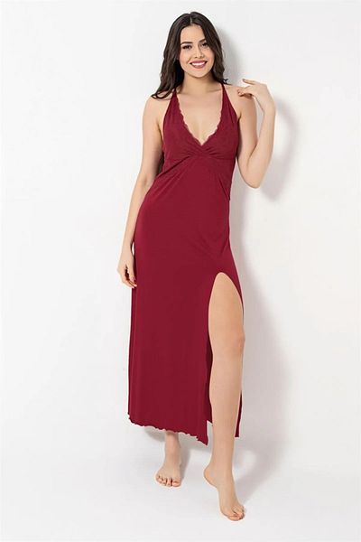 MONAMİSE Monamise 18491 - Women's Red Lace Nightgown with Rope Strap and Low-cut Chest and Back Slit