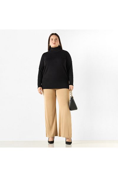 Ulla Popken Plus Size Ulla Popken Pearl Embellished High-Neck Sweater with Side Slit