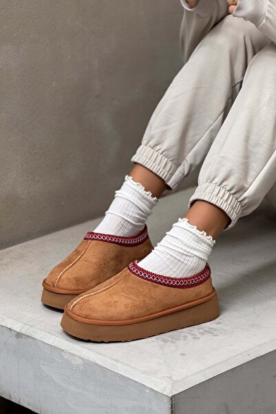 NİŞANTAŞI SHOES Sweet Taba Süet Içi Kürklü Düz Taban Sabo Ev Terliği
