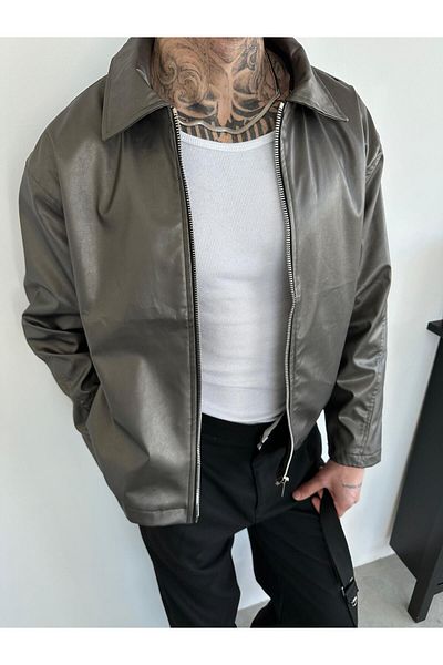 HAFKAGİYİM Anthracite Basic Relaxed Δερμάτινο Μπουφάν