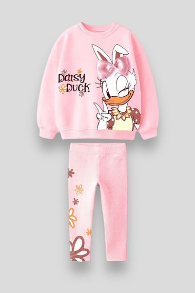 Magu Girl's Pink Bow Daisy Duck Print Cotton Sweatshirt Tights Bottom-Top Set