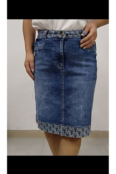 AKŞEN GİYİM Large Size Women's Stoned Washed Embroidery Detailed 100% Denim Fabric Jeans Short Skirt