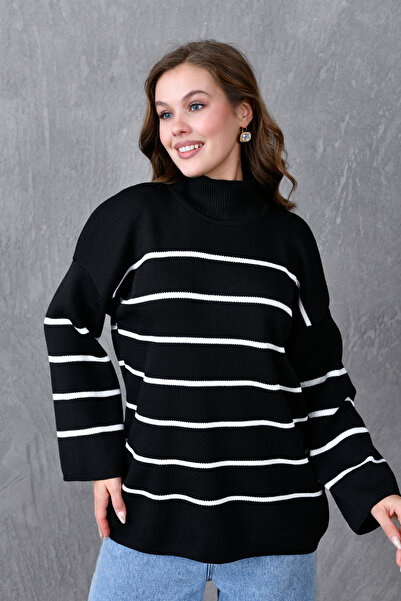 vuvutasarım Pulover hijab tricotat negru pentru femei, model modest, cu mânecă lungă, guler înalt, dungi, model modest, model hijab, 6100