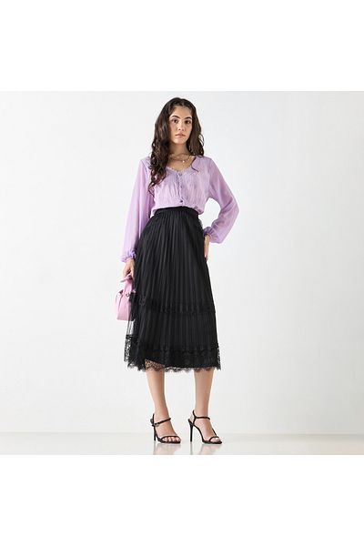 2Xtremz Pleated Midi Skirt with Elasticated Waistband and Lace Detail