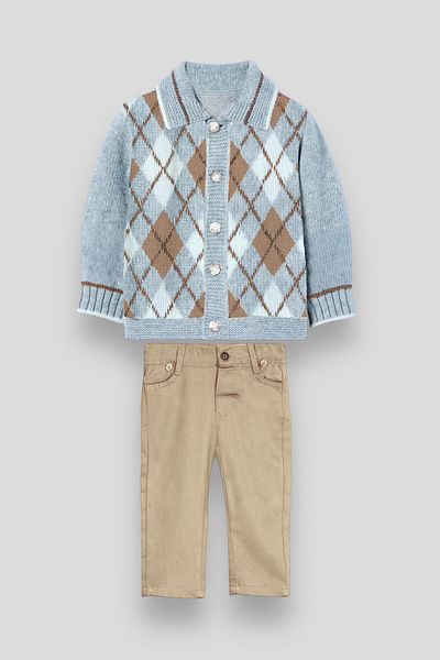 Magu Boy's Knitwear Cardigan Patterned Canvas Trousers Top and Bottom Set