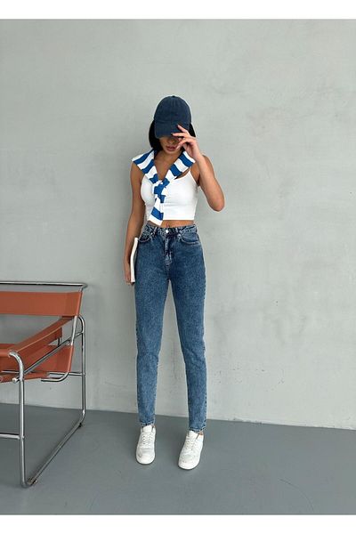 Zeo Basic Blugi Mom din Lycra de bază ZEO Ice Blue