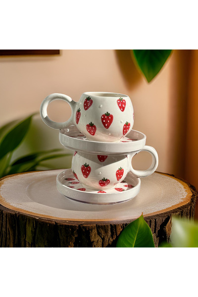 Çiporcal Ece Çilek 2li Tabaklı Kupa Seti El Dekoru