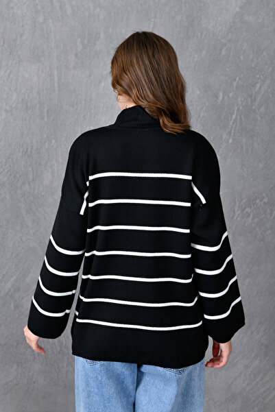 vuvutasarım Pulover hijab tricotat negru pentru femei, model modest, cu mânecă lungă, guler înalt, dungi, model modest, model hijab, 6100