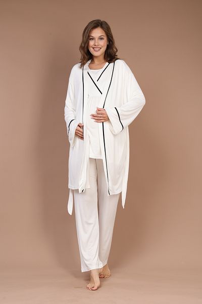 Rimel Homewear Women's Piping Special Design Long Sleeve Maternity-Pregnant Pajamas Set with Dressing Gown