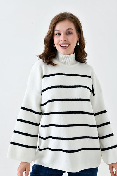 bayansepeti Women's Low Long Sleeve Stripe Patterned Stand Collar Oversize Fit Striped Ecru Knitwear Sweater 6100