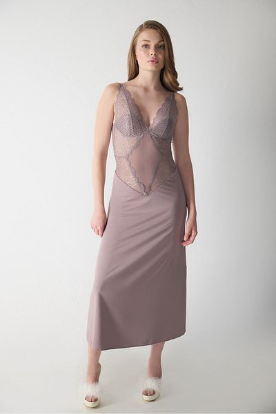 Magic Form 74124 Women's Strappy Ruched Jersey Long Nightgown-Zinc