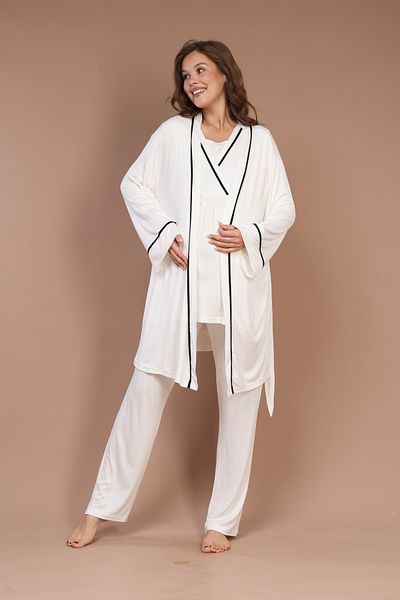 Rimel Homewear Women's Piping Special Design Long Sleeve Maternity-Pregnant Pajamas Set with Dressing Gown