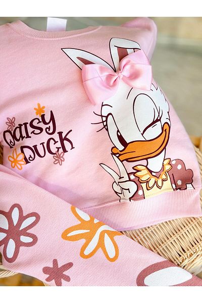 Magu Girl's Pink Bow Daisy Duck Print Cotton Sweatshirt Tights Bottom-Top Set