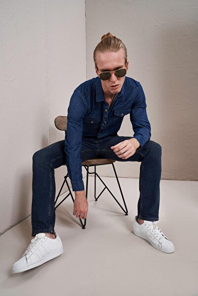 TENA Ανδρικό μεσαίο μπλε μακρυμάνικο τζιν πουκάμισο με διπλή τσέπη