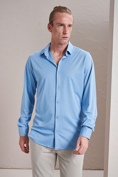 TENA Ανδρικό μπλε μακρυμάνικο πουκάμισο Mercerized Kagi Slim Fit