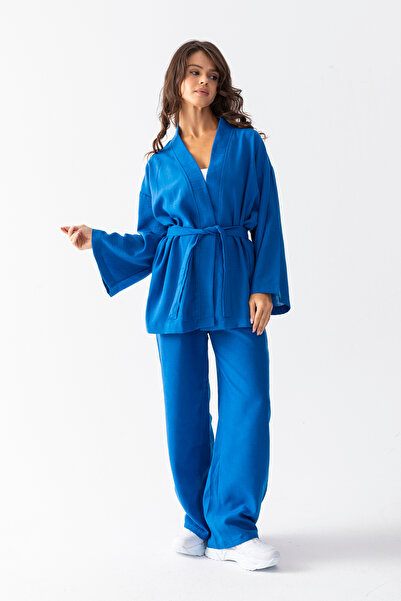 TUBA SÖZEN BUTİK Geniş Paça Keten Dokulu Alt Üst Kimono Takım