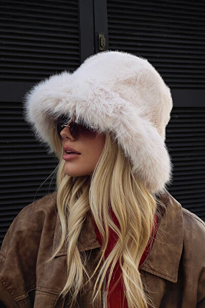 Pissos Pălărie de blană vegană în stil inimă cu pene pentru femei |   55-56 c...