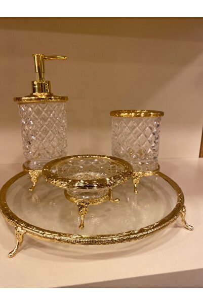 PLUS HOME طقم حمام مكون من 4 قطع - قطع نحاس مصبوب وقاعدة زجاجية