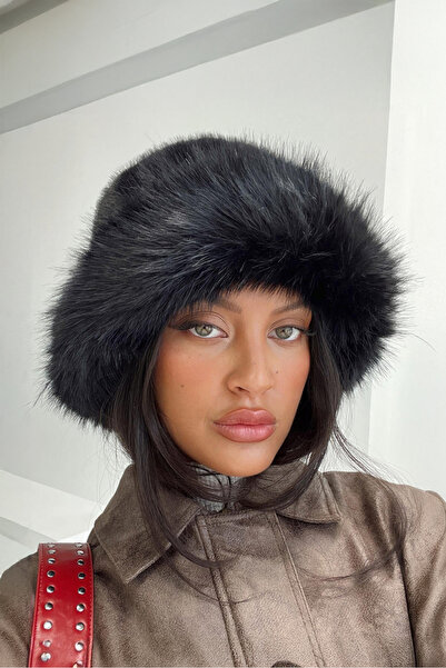 Pissos Pălărie de blană vegană în stil inimă cu pene pentru femei |   55-56 c...