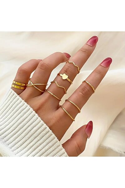 Ervalina 10'lu Zarif Geometrik Yüzük ve Eklem Yüzük Seti